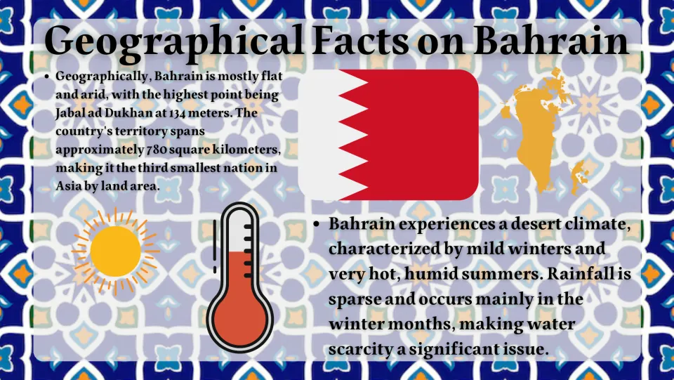 Geographical Facts on Bahrain: flat arid land, Jabal ad Dukhan at 134 m, 780 km², and a desert climate with scarce water