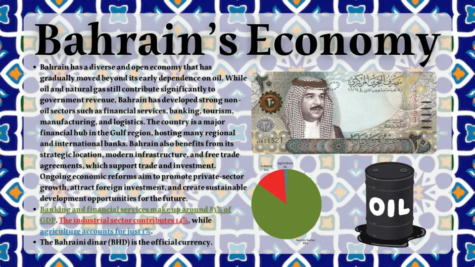 Bahrain's Economy: shift beyond oil to banking and services, with a pie chart of 85% services, 14% industry, 1% agriculture