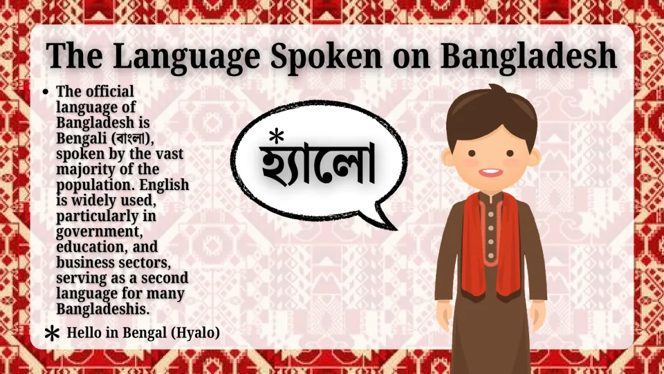 Language slide: Bengali (বাংলা) is the official language and English a widely used second language, with a boy saying hello
