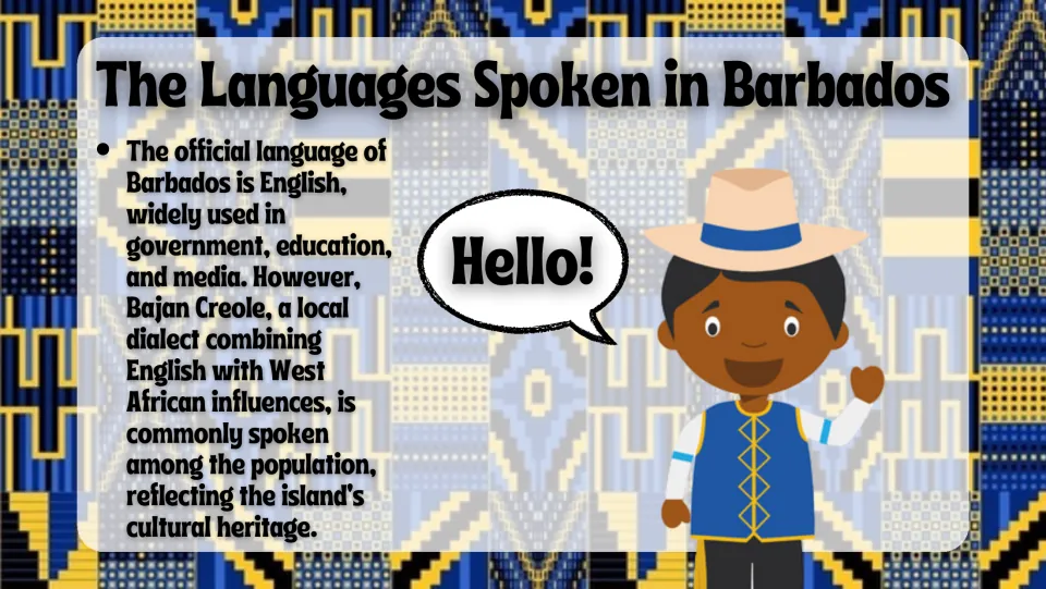 Language slide explaining English as Barbados's official language and Bajan Creole's English and West African influences