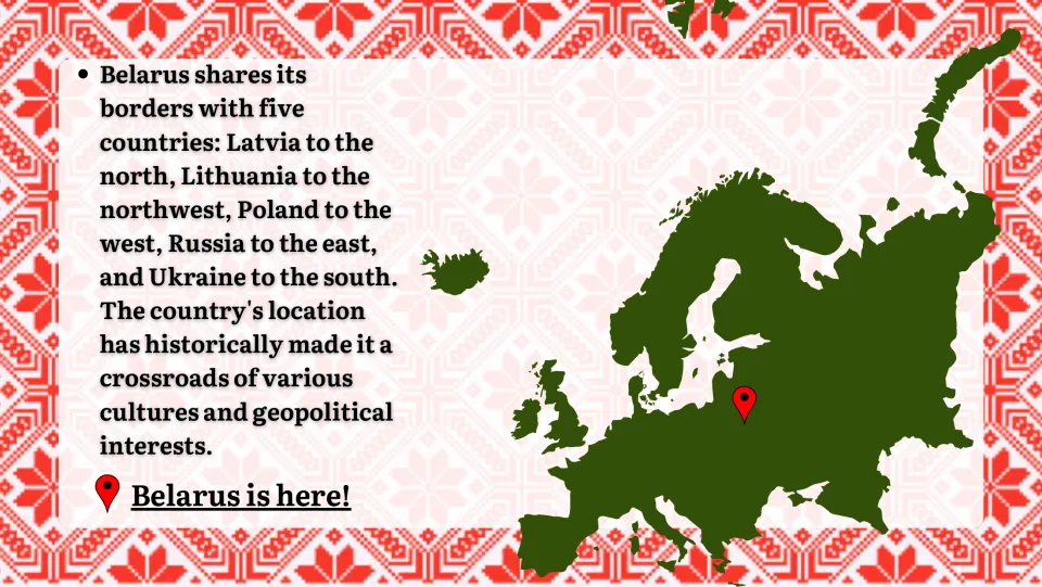 Belarus borders slide naming Latvia, Lithuania, Poland, Russia and Ukraine, with a Europe map pin marking Belarus