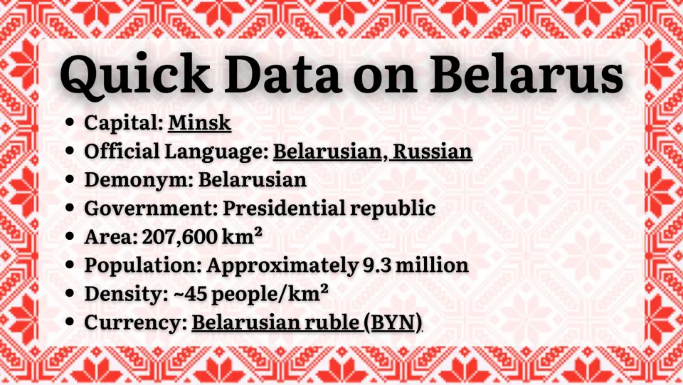 Quick Data on Belarus: capital Minsk, languages, government, area 207,600 km², population 9.3 million and ruble