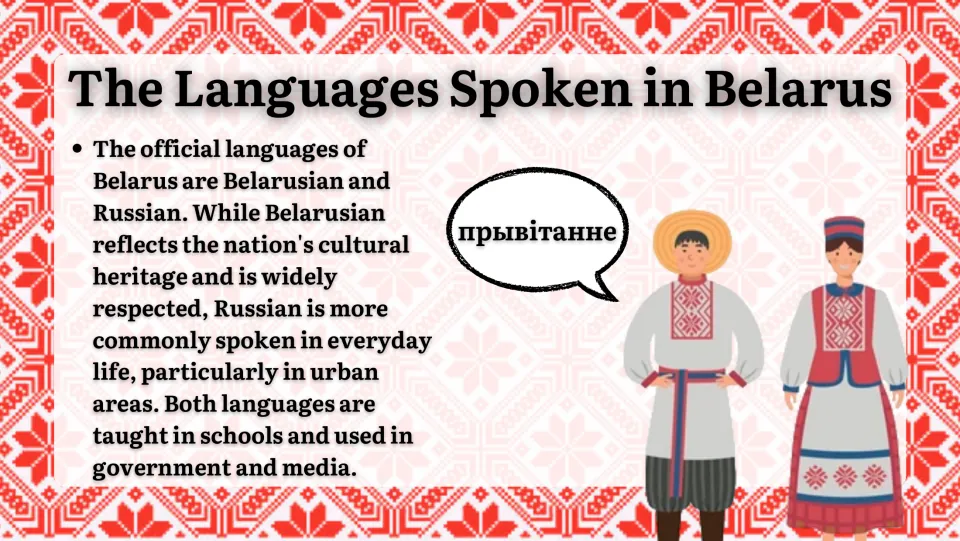 The Languages Spoken in Belarus: Belarusian and Russian compared, with a costumed pair saying прывітанне