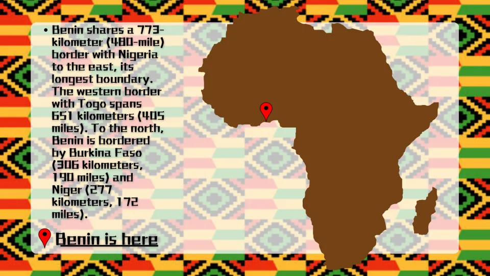 Border facts slide locating Benin on an Africa map and listing boundary lengths with its four neighboring countries
