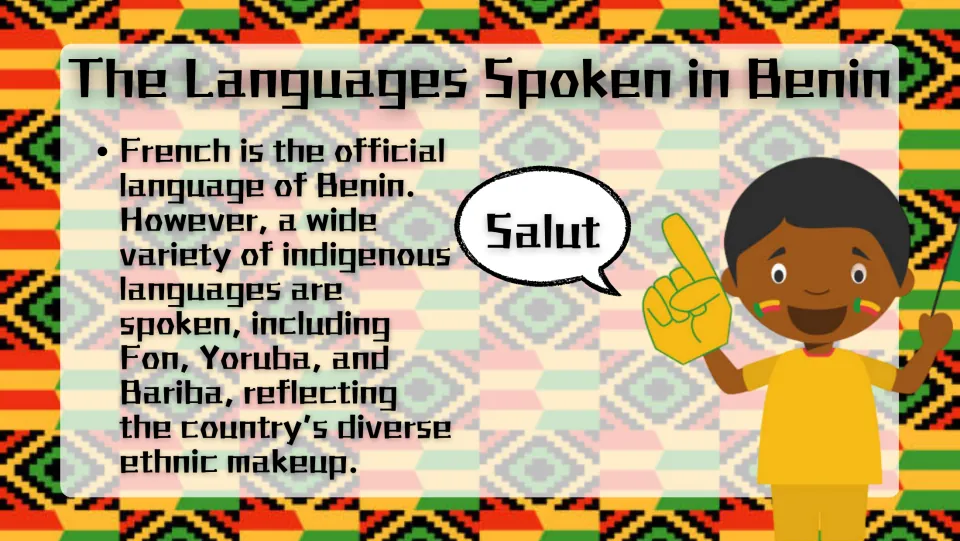 Languages slide naming French as Benin's official language and Fon, Yoruba, and Bariba as indigenous languages