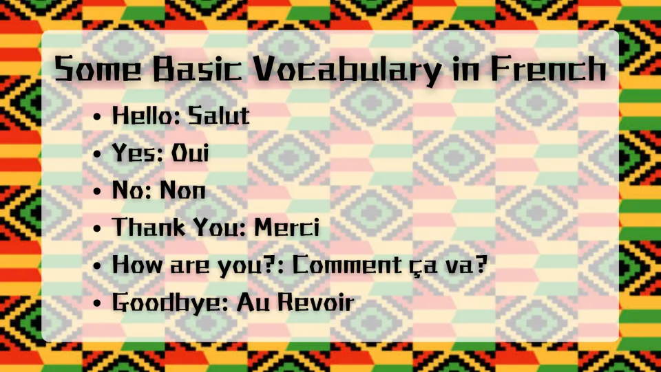 French vocabulary slide: Salut (hello), Oui (yes), Non (no), Merci (thank you), plus how are you and goodbye