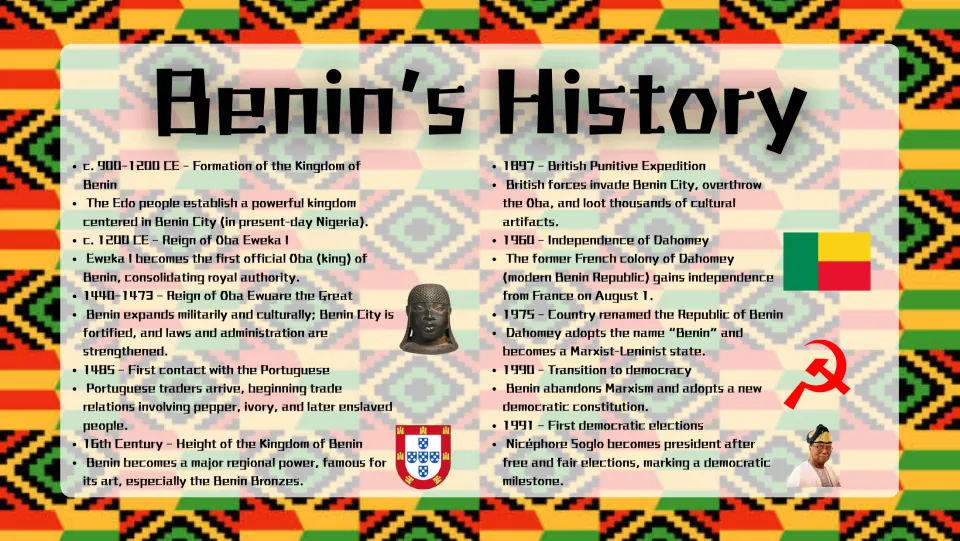 History slide presenting a timeline from the Kingdom of Benin's formation to Dahomey's independence and 1991 elections