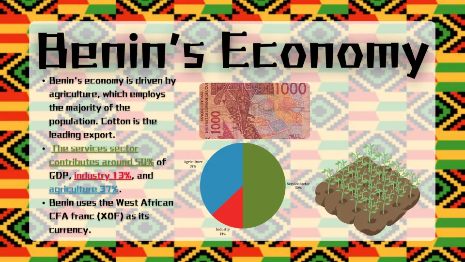 Economy slide highlighting cotton exports, CFA franc currency, and GDP shares: services 50%, farming 37%, industry 13%
