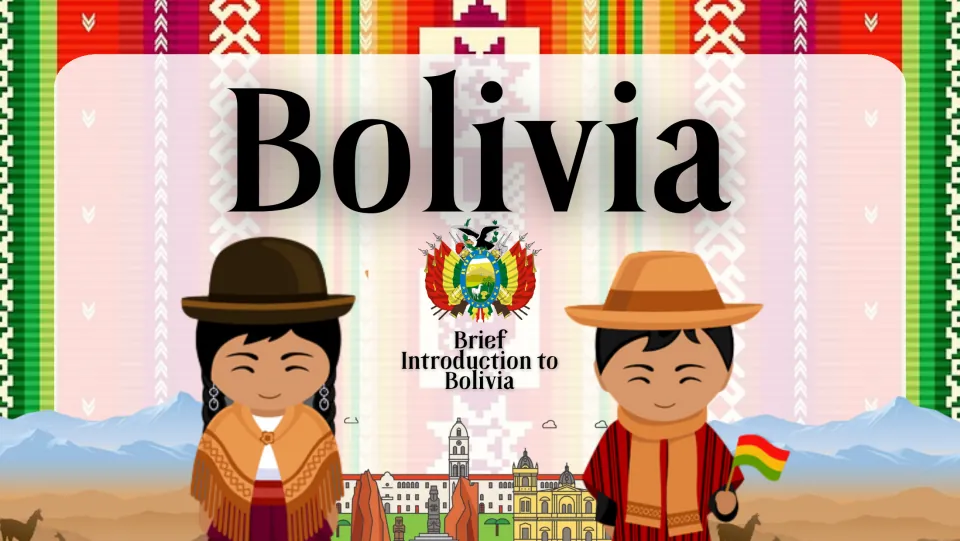 Cover reading Brief Introduction to Bolivia, with the national coat of arms and two cartoon figures in traditional dress