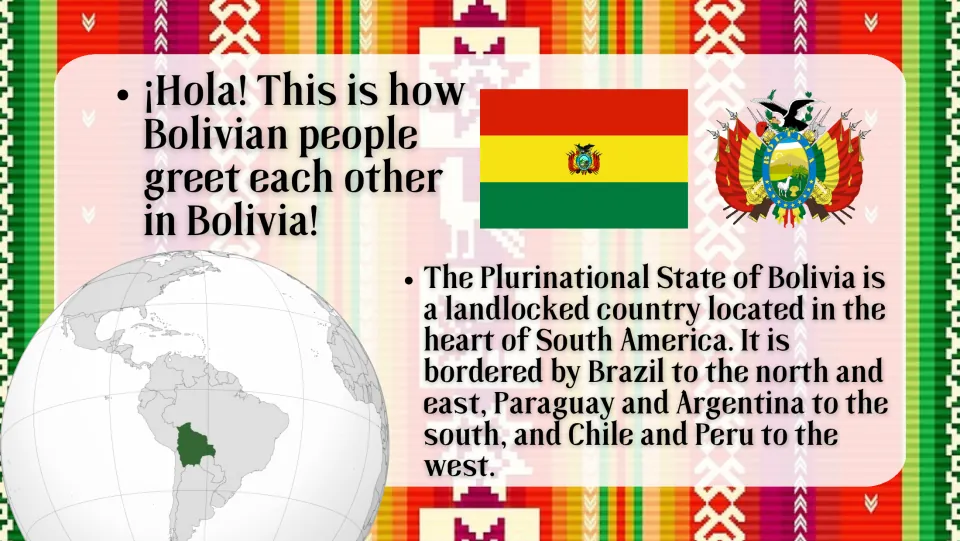 Bolivia at a glance: flag, national emblem and a globe locating the landlocked country among its South American neighbors