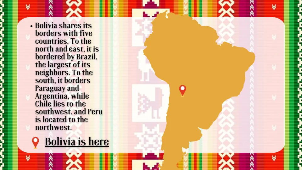 Bolivia's borders: text naming its five neighbors beside a South America map with a pin marking where Bolivia is