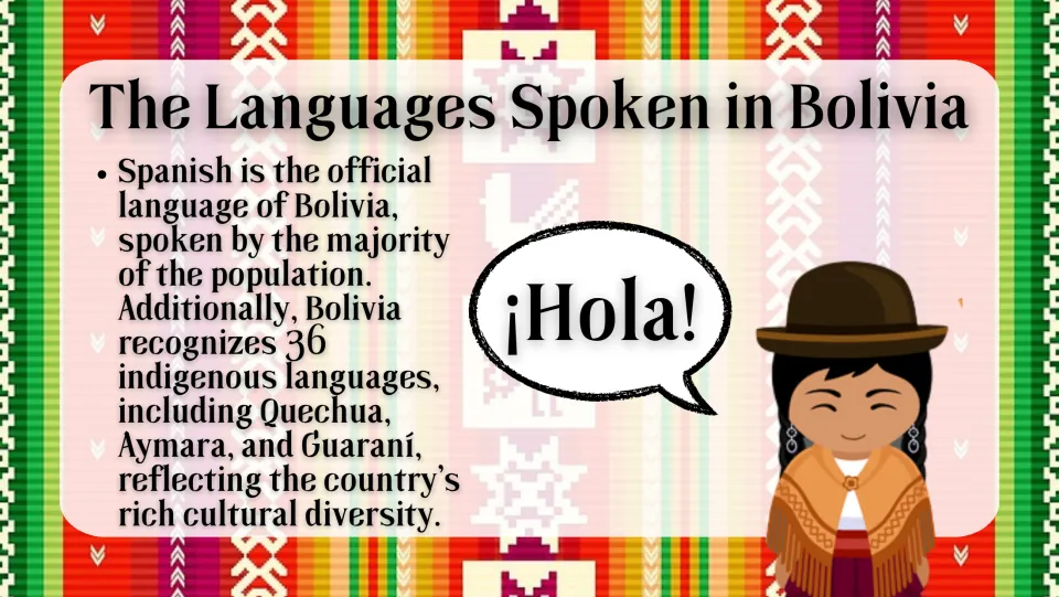 Languages spoken in Bolivia: Spanish plus 36 recognized indigenous languages such as Quechua, Aymara and Guarani