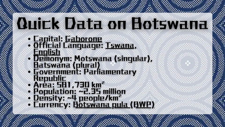 Quick facts slide listing Gaborone, Tswana and English, demonyms, government, area, population, and currency