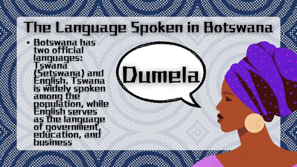 Language slide introducing Tswana (Setswana) and English, with 'Dumela' (hello) in a speech bubble
