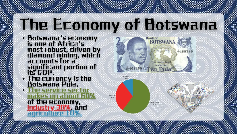Economy slide covering diamond mining and the pula, with a chart showing services 60%, industry 30%, farming 10%