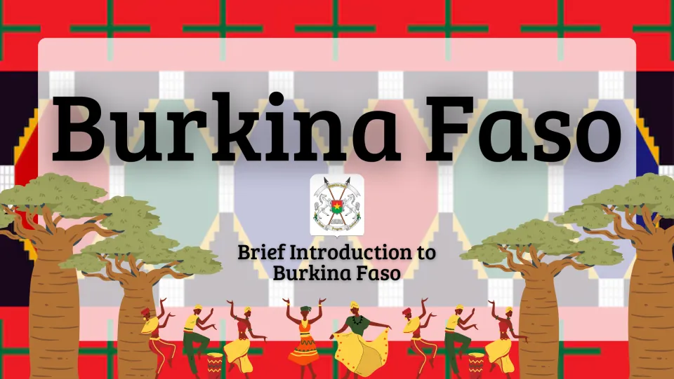 Title slide: Brief Introduction to Burkina Faso, with the national coat of arms, baobab trees and dancers