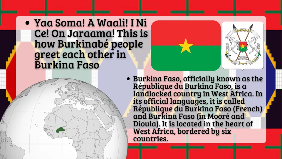Burkina Faso overview: landlocked West African country bordered by six nations, with its flag, coat of arms and globe