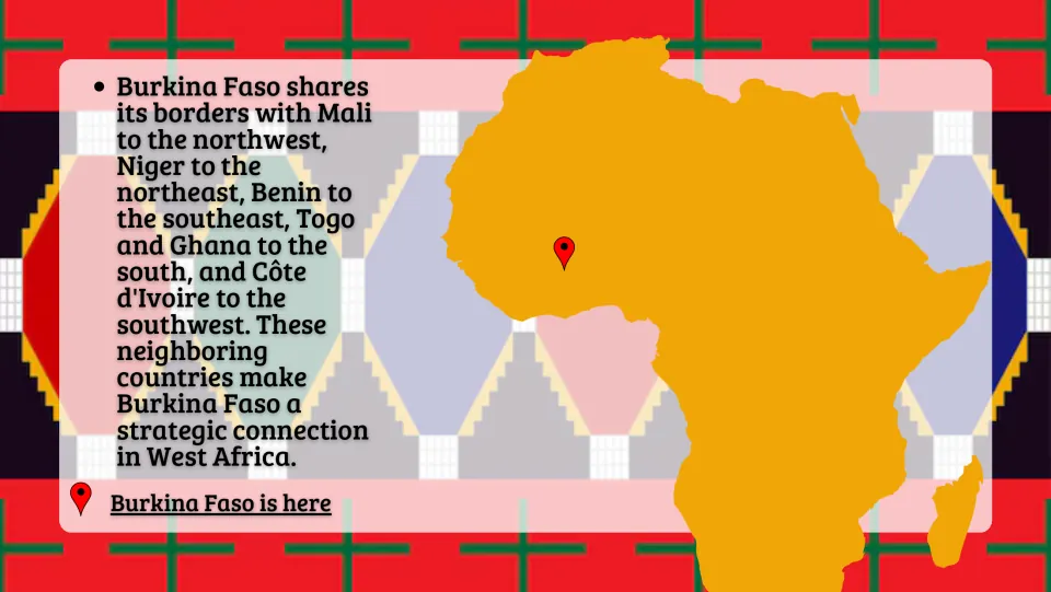 Borders: Burkina Faso's six neighbors, Mali, Niger, Benin, Togo, Ghana and Côte d'Ivoire, pinned on a map of Africa