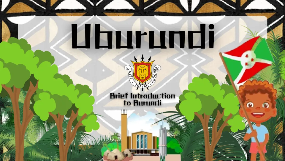 Cover slide introducing Burundi with the title 'Uburundi,' the country's flag, and its coat of arms
