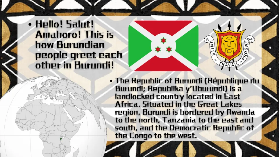 Introduction slide locating Burundi in East Africa and naming Rwanda, Tanzania, and the Congo as neighbors