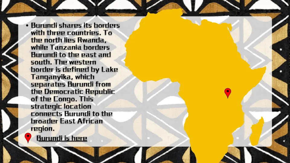 Location slide marking Burundi on an Africa map and describing its borders, including Lake Tanganyika