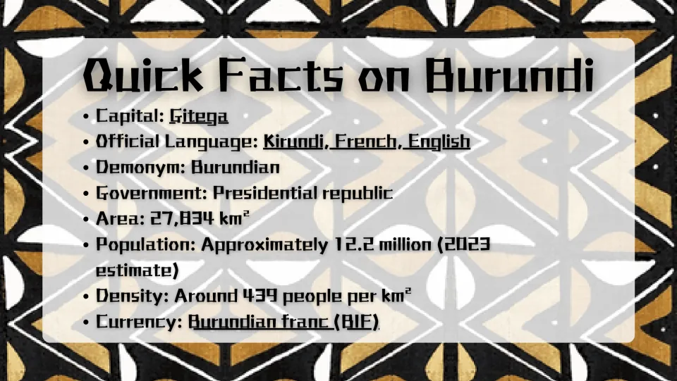 Quick facts slide listing Gitega as Burundi's capital, official languages, population, area, and currency