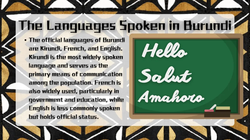 Language overview slide explaining the roles of Kirundi, French, and English in communication in Burundi