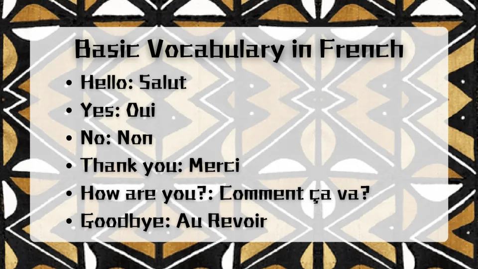 French vocabulary slide: Salut (hello), Oui (yes), Non (no), Merci (thank you), and two more phrases