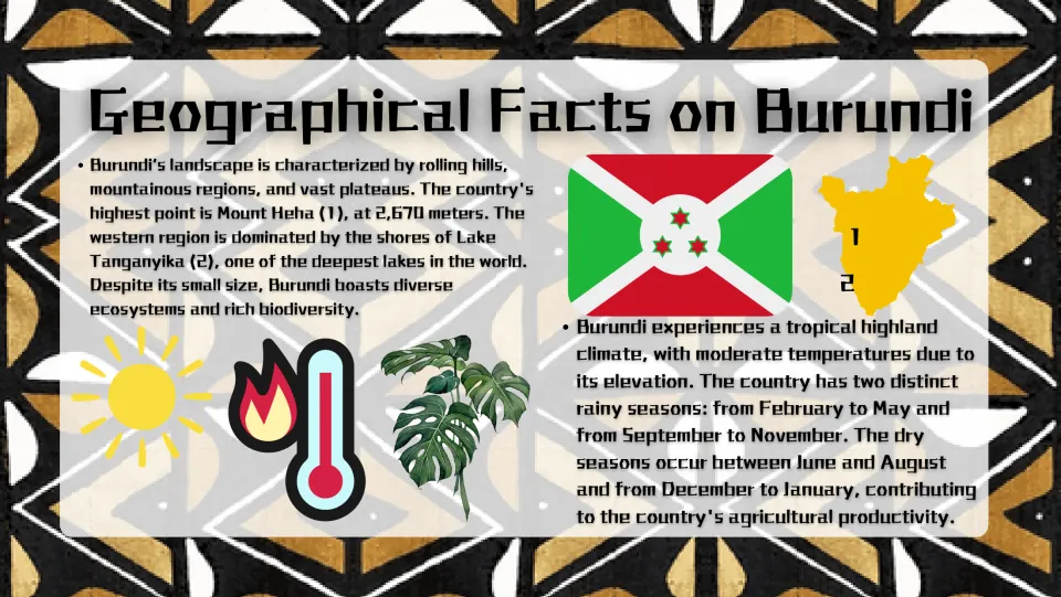 Geography slide describing Burundi's hills, Mount Heha, Lake Tanganyika, and rainy and dry seasons
