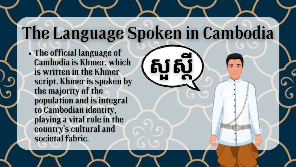 Language slide introduces Khmer as Cambodia’s official language, its script, and its role in cultural identity