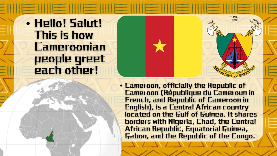 Introduction slide identifying Cameroon as a Central African country, with its flag, coat of arms, and map