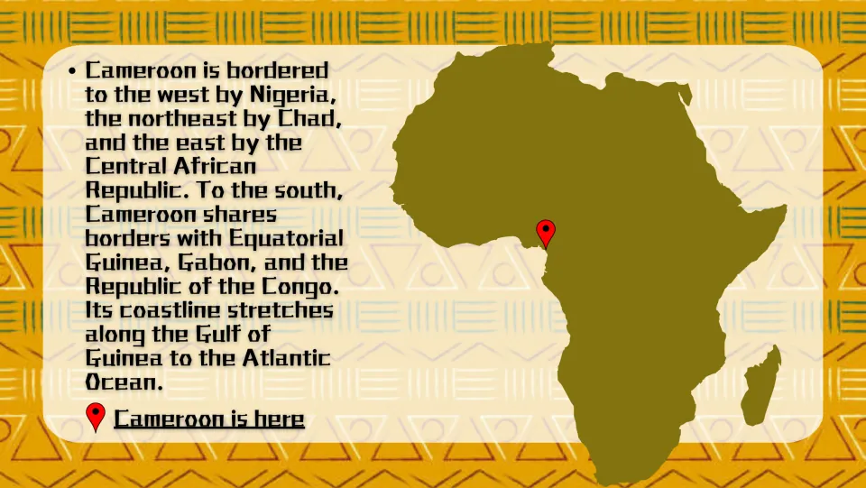 Location slide marking Cameroon on an Africa map and naming its neighbors and Gulf of Guinea coastline