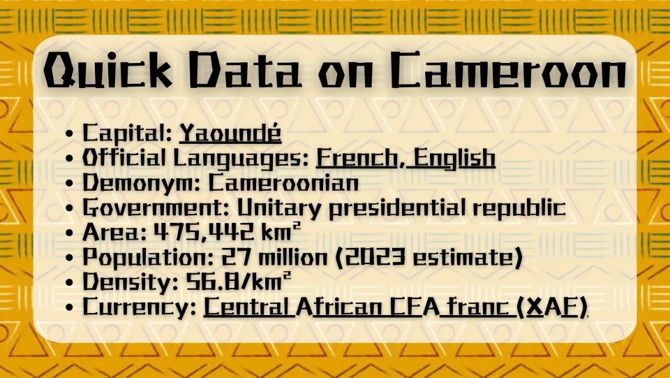 Quick facts slide listing Yaoundé, official languages, government, area, population, density, and currency