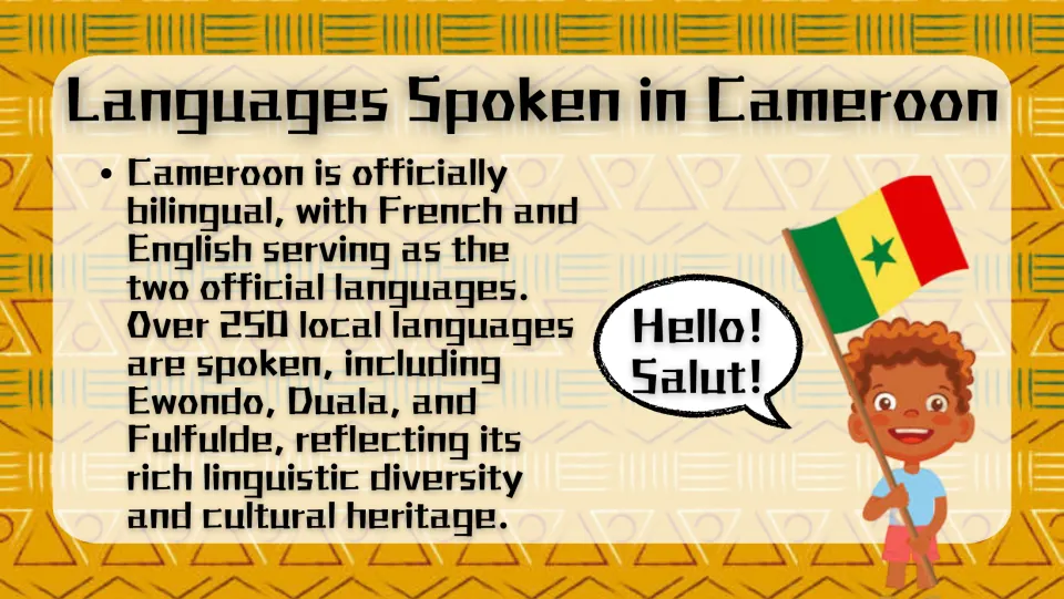 Language slide identifying French and English as official languages and naming Ewondo, Duala, and Fulfulde