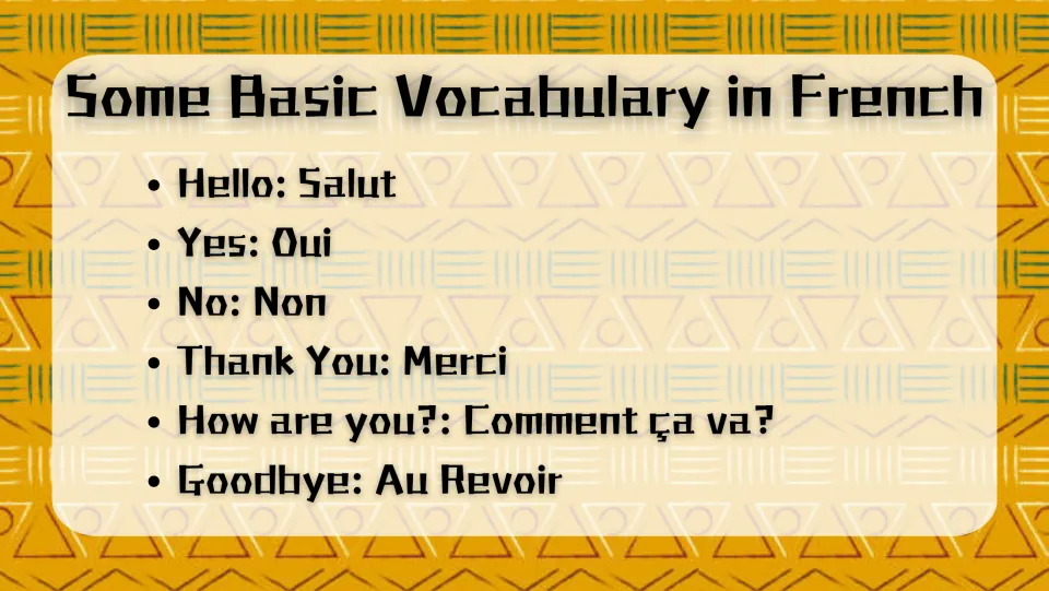 French vocabulary slide pairing Salut (hello), Oui (yes), Non (no), and three more expressions with English