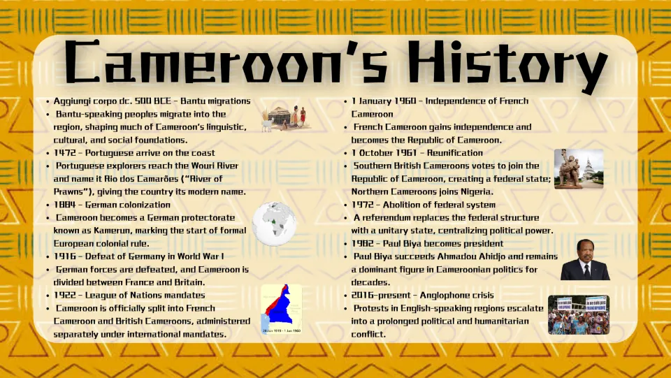 History slide tracing Bantu migrations, colonization, independence, reunification, and the Anglophone crisis