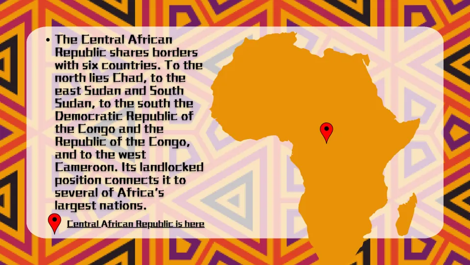 Borders slide: Chad, Sudan, South Sudan, both Congos and Cameroon named by direction, with a pin on a map of Africa