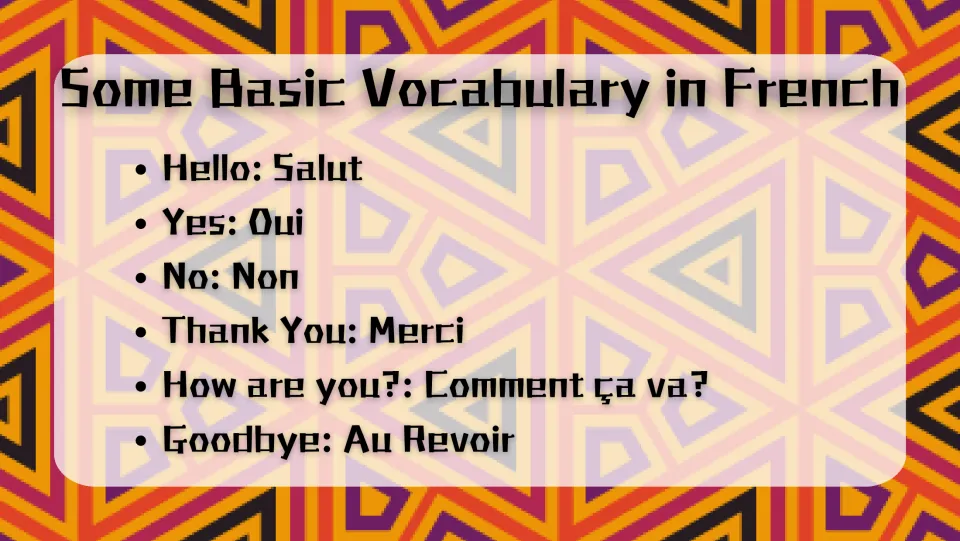 Basic Vocabulary in French: hello, yes, no, thank you, how are you and goodbye with words such as Merci and Au Revoir