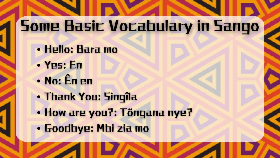 Basic Vocabulary in Sango: six everyday phrases including Bara mo, Singîla for thank you and Mbi zia mo for goodbye