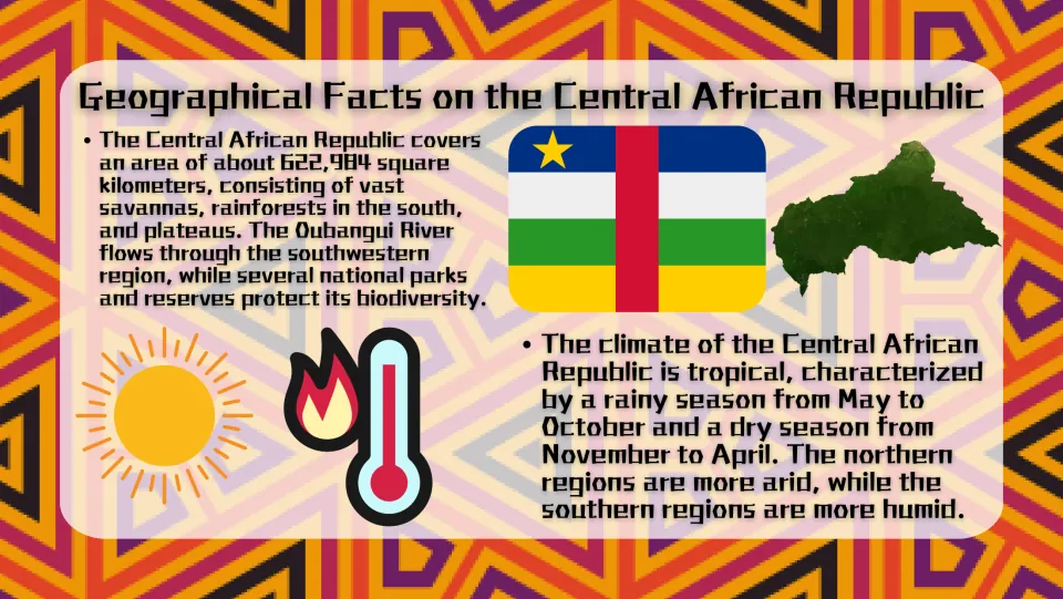 Geographical Facts: savannas, southern rainforests, plateaus, the Oubangui River and a tropical wet-dry climate
