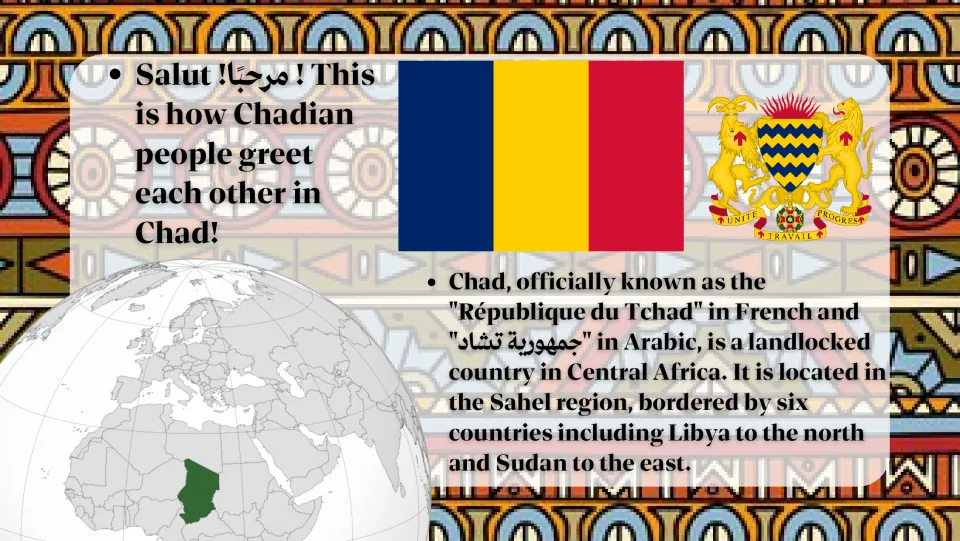 Introduction to Chad with its flag, coat of arms and globe map: a landlocked Central African country in the Sahel