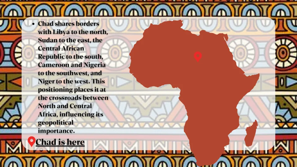 Chad's borders: a map pins Chad in Africa, bordered by Libya, Sudan, Central African Republic, Cameroon, Nigeria, Niger