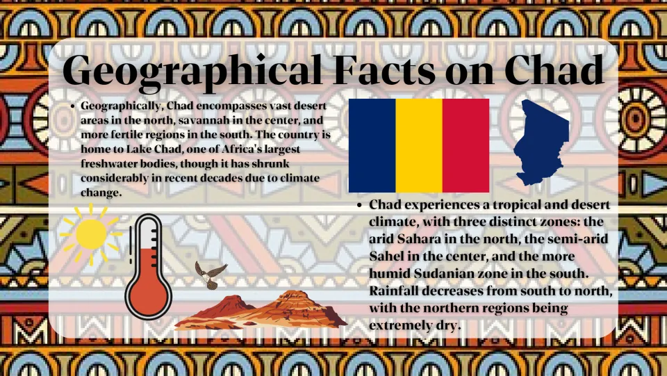 Geographical Facts on Chad: desert north, savannah center, fertile south, shrinking Lake Chad and three climate zones