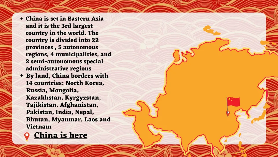 China's location in East Asia: its provinces and regions, the 14 bordering countries and a map pin marking China