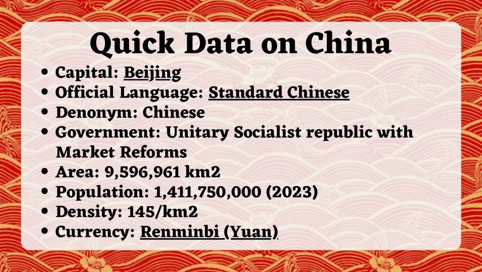 Quick Data on China: capital Beijing, Standard Chinese, government, area, 2023 population, density and the yuan