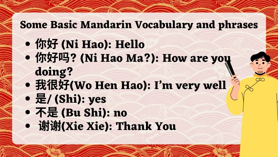 Basic Mandarin vocabulary: six phrases in characters and pinyin, such as Ni Hao, Xie Xie and Wo Hen Hao, with meanings
