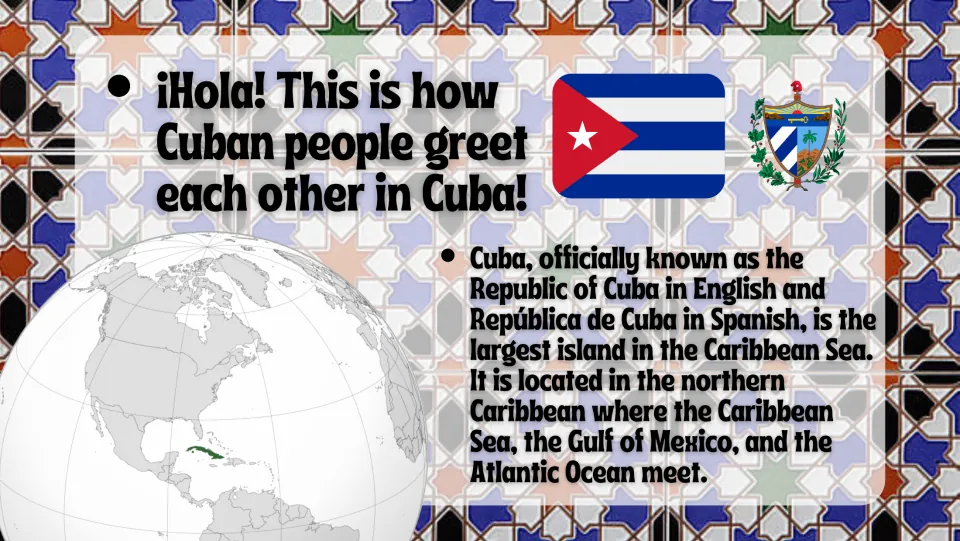 Introduction slide locating Cuba in the northern Caribbean, with its flag, coat of arms, and globe map