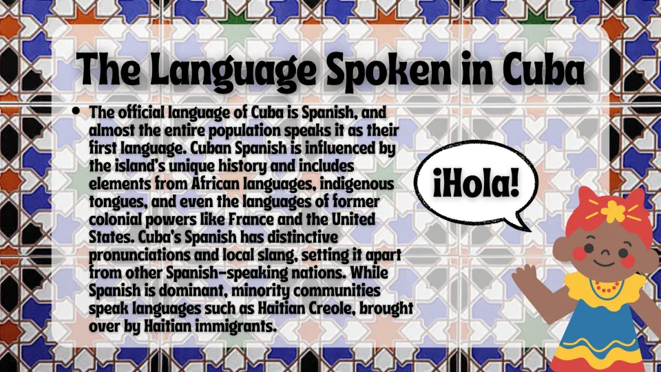 Language overview slide describing Cuban Spanish, its historical influences, local slang, and Haitian Creole