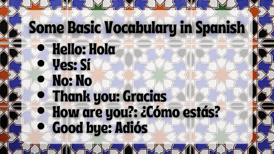 Spanish vocabulary slide: Hola (Hello), Sí (Yes), No (No), Gracias (Thank you), and two more everyday phrases