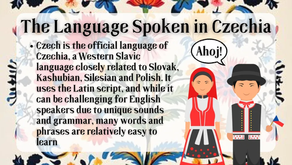 Language overview slide: Czech as a Western Slavic language, related languages, Latin script, and Ahoj (hello)